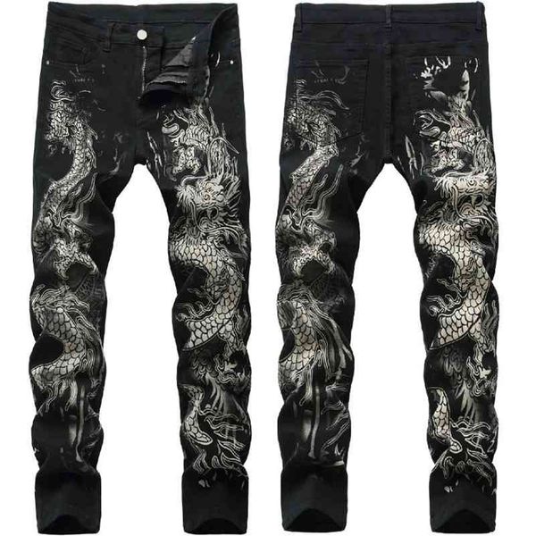 Yeni erkek Çin Trendy Ejderha Siyah Skinny Jeans Streç Rahat Moda Hip-Hop erkek Pantolon Streetwear Baskı Pantolon 210331