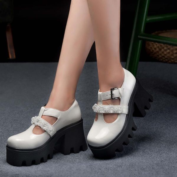 

dress shoes brand design genuie leather chains buckle chunky pumps casual cool sweet black high heels platform fashion gothic woman