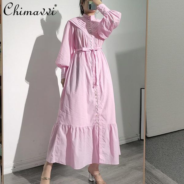 

casual dresses summer elegant fashion women stand collar long puff sleeve dress graceful high waist solid color slimming, Black;gray