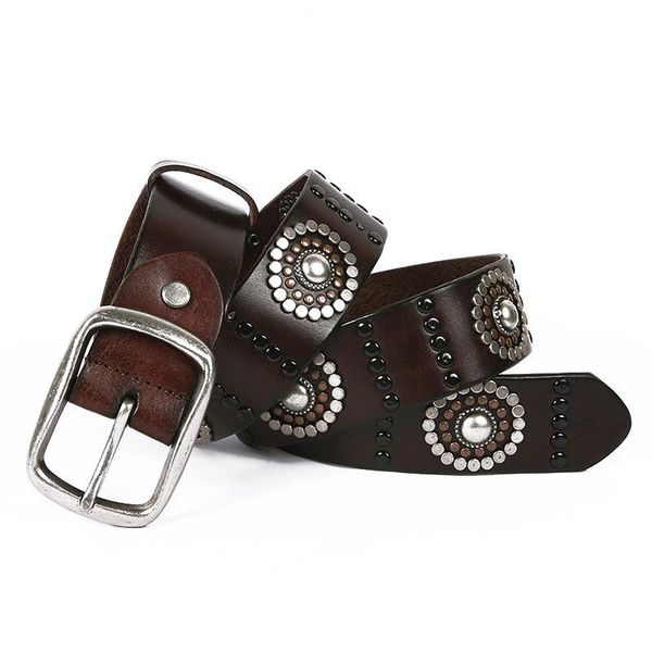 

belts fashion rivet studded cowhide leather men women party waist straps genuine punk rocky personality, Black;brown