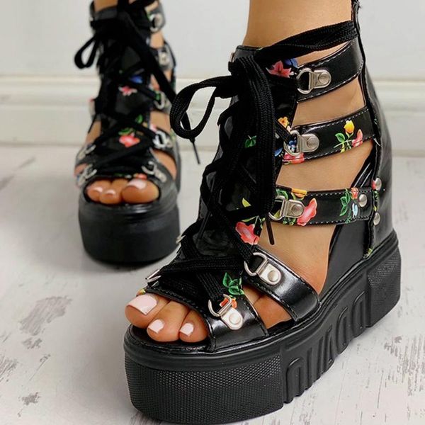 

sandals women ladies fashion casual flower print peep toe wedge platforms zipper gladiator high heels summer beach shoe, Black