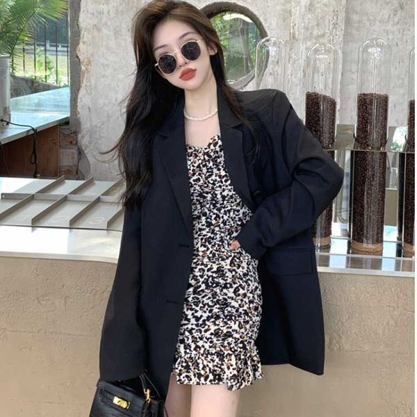 

korean chic autumn waist folded leopard drs + loose and versatile suit, Black;gray