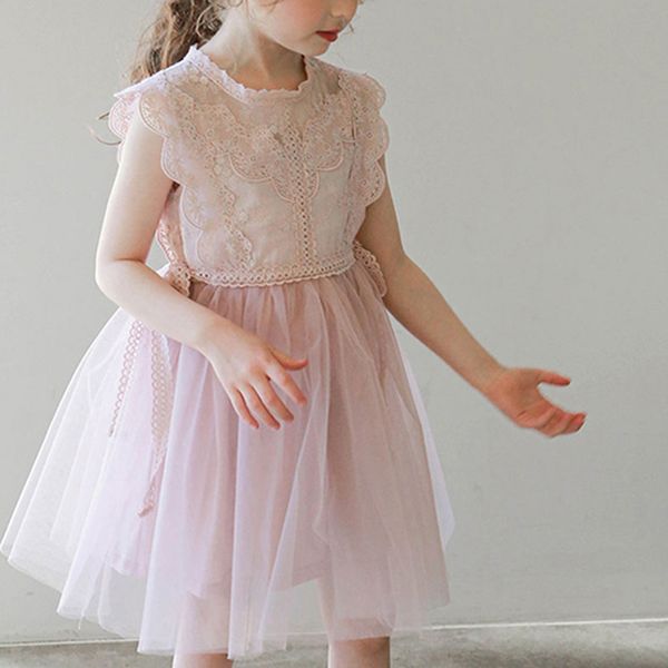 

summer casual dress girl soft british style sleeveless cute tutu stitching children lace princess dress kid girls party clothing, Red;yellow