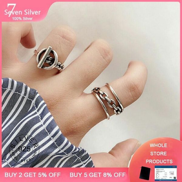 

cluster rings qiqi 925 sterling silver korea ot buckle retro chain ring female ins fashion simple open index finger trend couple gift1, Golden;silver
