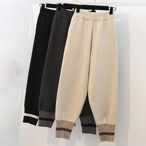

winter women's high-waist knitted harem pants loose-fitting temperament solid color thick waistband & capris, Black;white