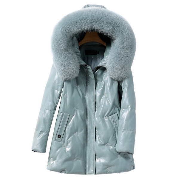 

white duck down middle-aged and elderly down jacket leather women's winter, Black