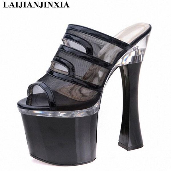 

slippers laijianjinxia transparent high heels sandals 18cm high-heeled shoes hand made stripper platform women's, Black