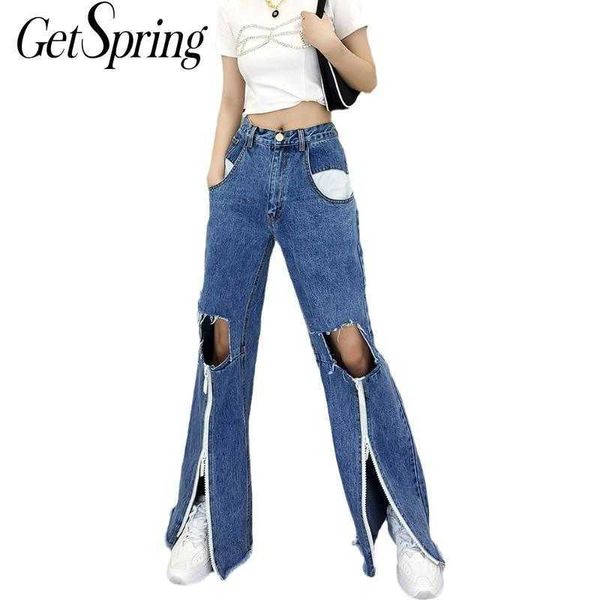 

getspring women pant hole irregular denim pants asymmetry casual high waist jeans fashion wide leg 210601, Blue