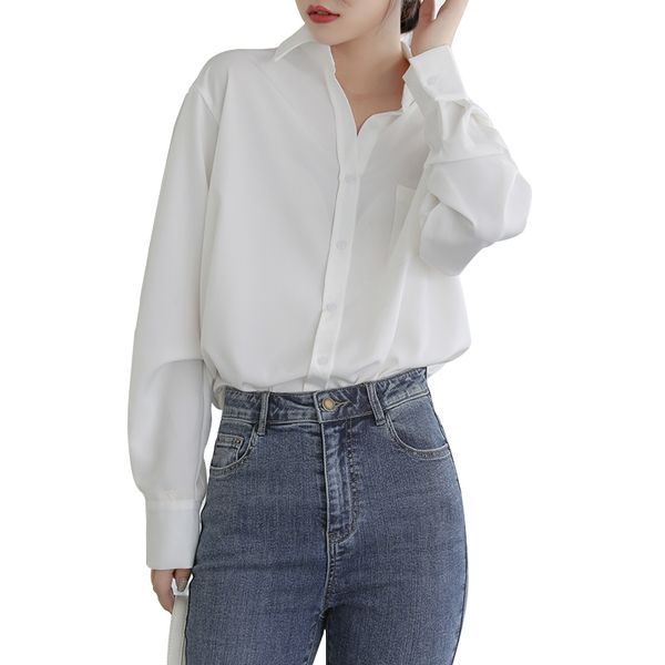 

dress womens and blouses lapel solid color pocket vintage long sleeve shirt professional ol top, White