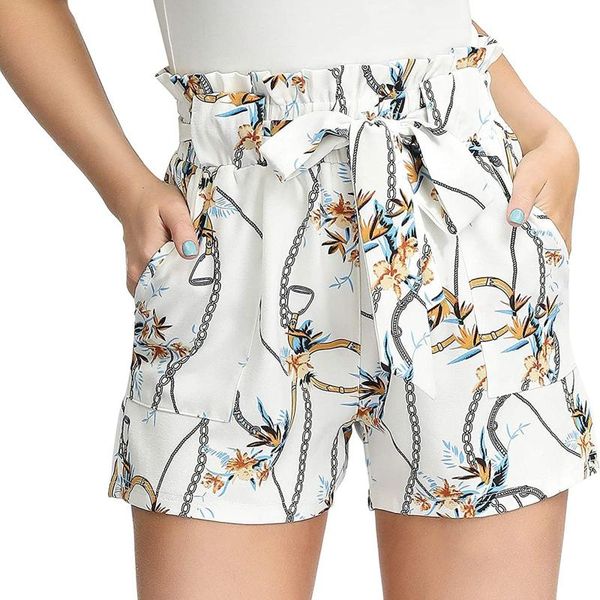 

women's shorts women casual comfy drawstring printed high waist belt streetwear bohemian short femme sweatpants #4, White;black