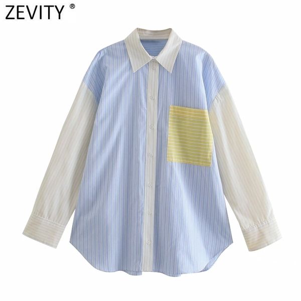 

women fashion patchwork striped print casual loose business blouse office lady pocket patch shirt chic blusas ls9212 210419, White