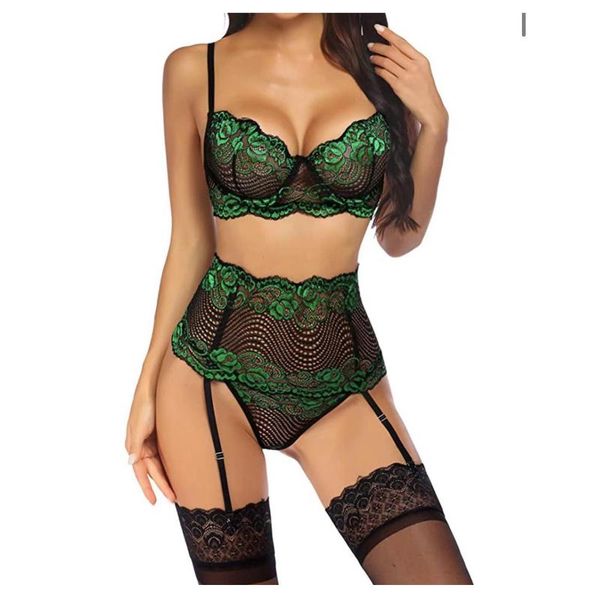 

bras sets underwear erotic set women garter belts bra and panty women's split three piece lingerie komplet bielizny, Red;black