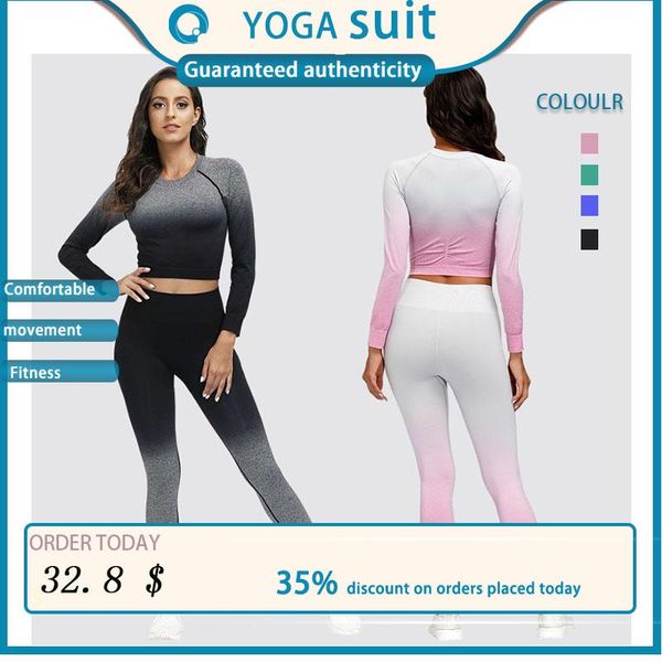

seamless yoga clothes hang dye fitness long-sleeved high-waist sports pants suit women workout and gym leggings 2 piece set outfit