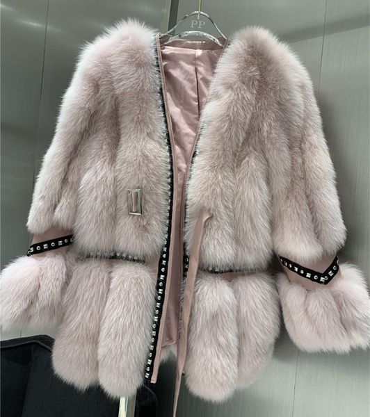 

women's trench coats 2021 winter natural fox fur coat warm thickening medium long real jacket luxury slim women v5fs, Tan;black