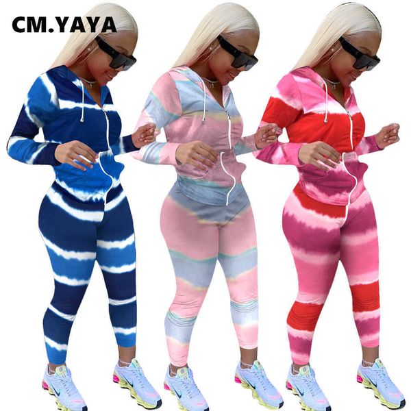 

cm.yaya active gradient striped print sweatsuit two 2piece set for women winter fitness outfit hooded jacket + pants tracksuit 210930, White