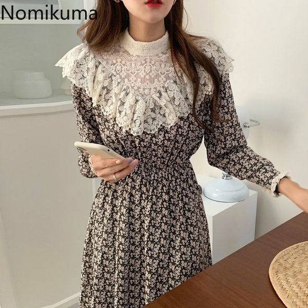 

nomikuma floral women dress lace patch half turtleneck long sleeve korean dresses autumn ruffle slim waist vestidos 6c064 210427, Black;gray