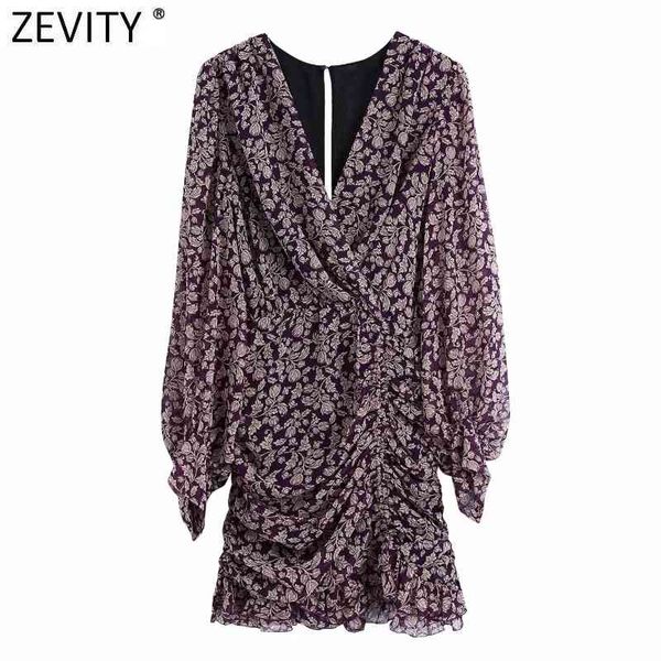 

zevity spring women cross v neck flower print pleated mini dress female hem ruffles slim kimono vestidos chic clothes ds4859 210419, Black;gray
