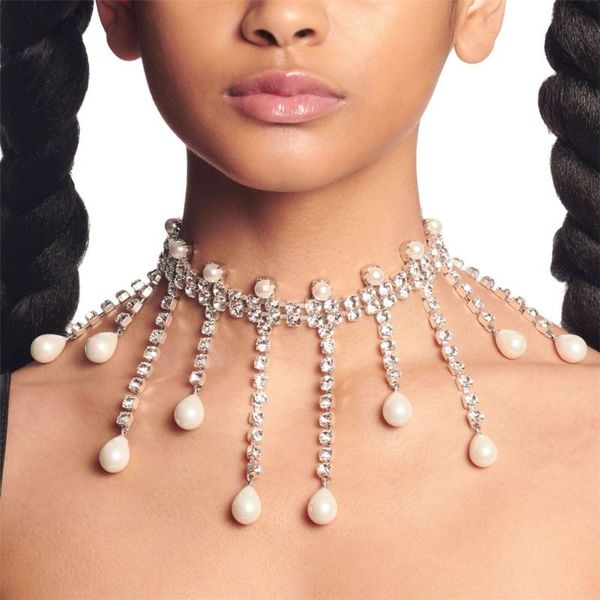 

chokers fashion multilayer tassel rhinestone collar necklace pearl pendant crystal women's wedding party jewelry, Golden;silver