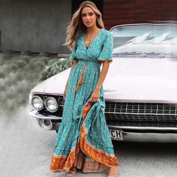 

blus floral womens dress maxi v neck button cap sleeve down lace trim spring summer tassel tied waist long women, Black;gray