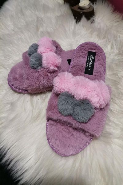 

slippers women home slipper pink pompom, Black