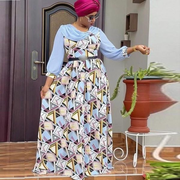 

plus size dresses 2021 women long dress patchwork printing puff 3/4 sleeve chiffon summer african clothes, Black