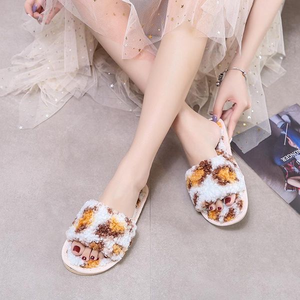 

slippers winter 2021 women fashion fluffy warm indoor floor slides leopard curl furry zapatos de mujer, Black