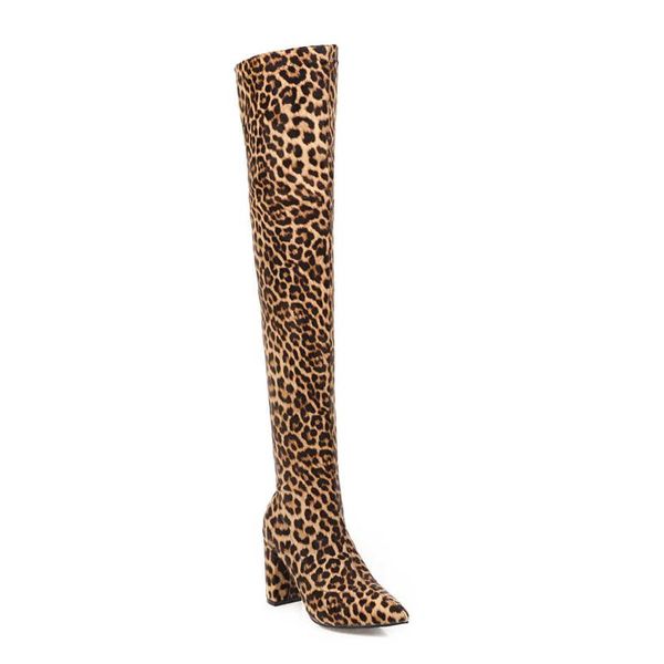 

boots hongshangyun autumn and winter 2021 high heel thick large pointed leopard print knee women's, Black