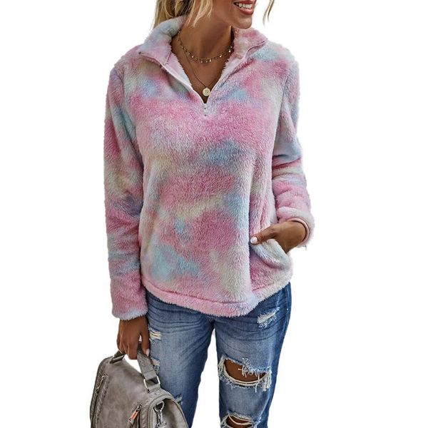 

women's hoodies & sweatshirts 2021 fall winter women fashionable zipper plush sweatshirt casual long sleeve warm stand collar tie dye p, Black