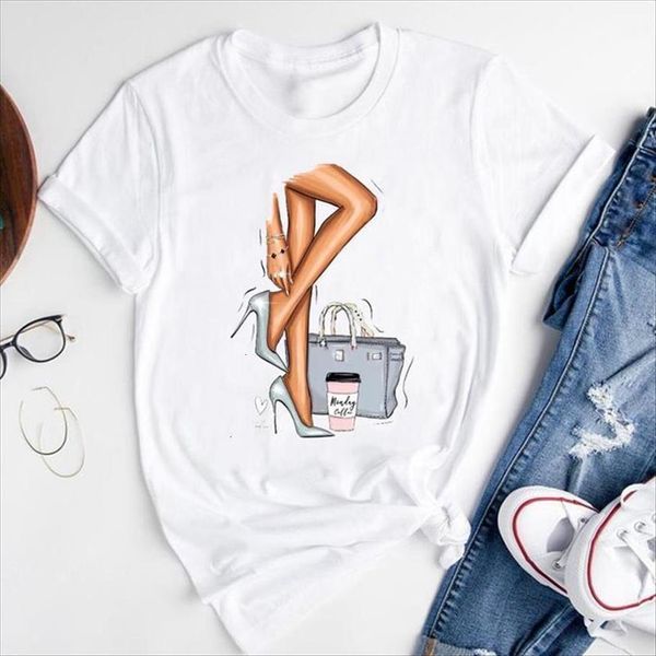 

graphic watercolor coffee cute printing womens t shirt fashion print short sleeve summer female clothes tees, White