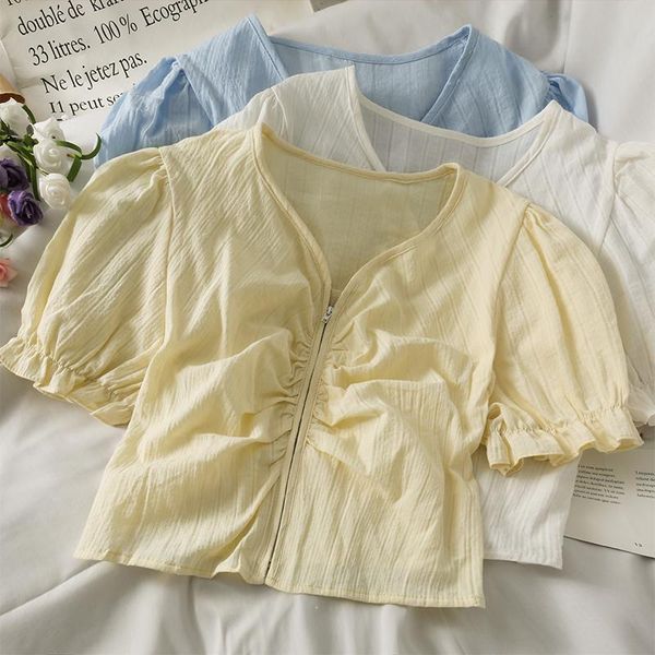 

women's blouses & shirts women fashion outdoor casual front zippers short sleeves blouse ladies ol sweet girls student elegant daily ba, White