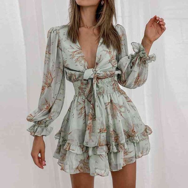 

casual dresses women spring v neck chiffon print self-tie knot front ruffles leopard female short a line party vestidos 2021, Black;gray