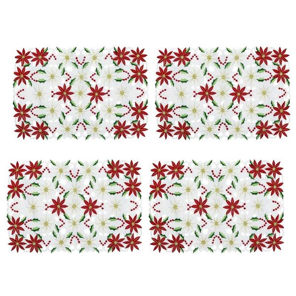 

mats & pads embroidered christmas placemats, red poinsettia placemats with holly for holiday decorations, 11x17 inch,4 pcs