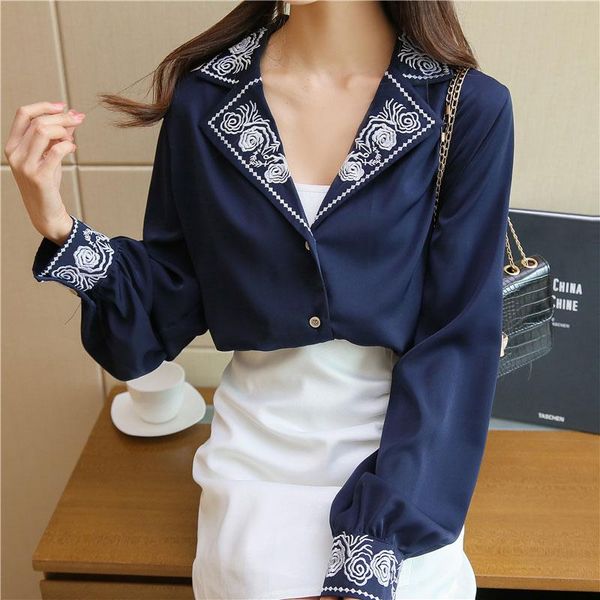

women's blouses & shirts 2021 spring autumn korea fashion women long sleeve loose white blouse embroidery notched collar ol femme blusa
