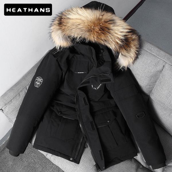 

white duck feather men's et, medium length thick leather collar windbreaker, snow coat - 30 degre, 90%, Black