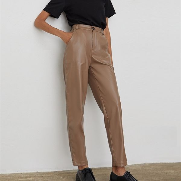 

wotwoy high waisted straight leather trouser zipper-up casual fleece pu pants female black white autumn 211124
