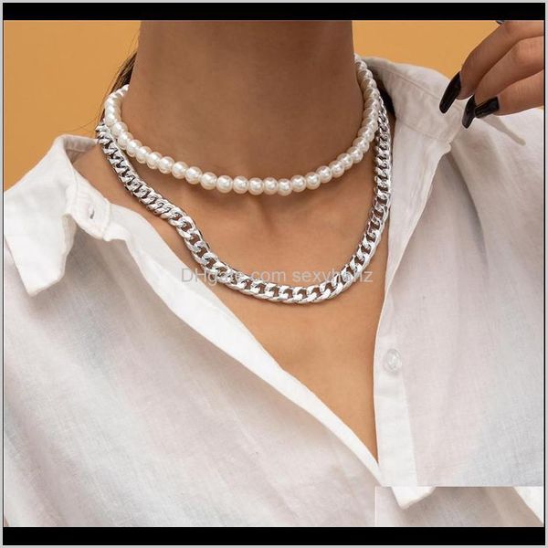 

& pendants jewelry drop delivery 2021 fashion imitation pearl beaded necklace hollow geometric punk clavicle chain for women double layer al, Silver