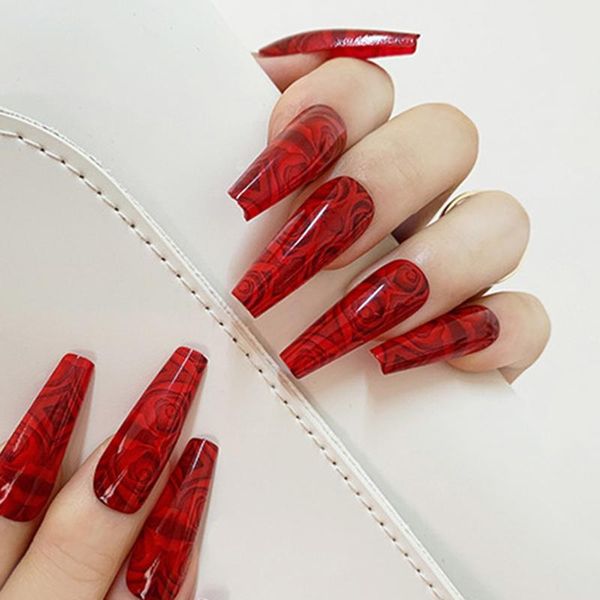 

24pcs fake nails press on coffin red wine wear long paragraph fashion manicure patch false wearable jelly nail dl, Red;gold
