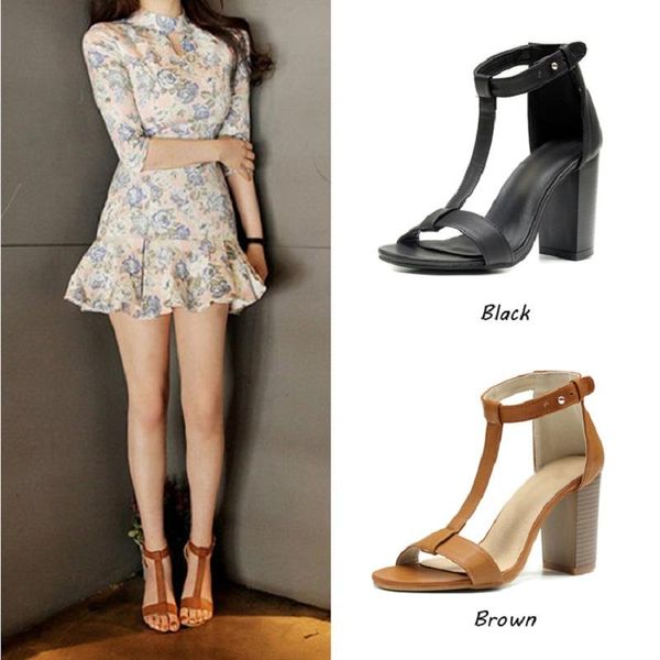 

summer women's sandals korea section t word with wood grain thick pu high heel roman, Black