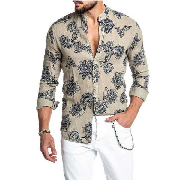 Camicia da uomo in cotone e lino sciolto, top vintage con bottoni a maniche lunghe e camicia con stampa alla moda scelta casual 210721
