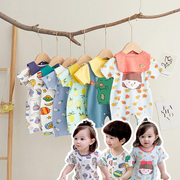 

baby boys girls short-sleeved clothes born romper infant jumpsuit summer cotton cartoon rompers with bibs for 0-24m jumpsuits, Blue