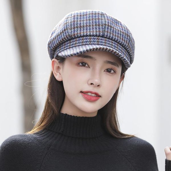 

stingy brim hats korean japanese houndstooth autumn winter warm beret women woolen plaid net red british navy octagonal hat sun cap, Blue;gray