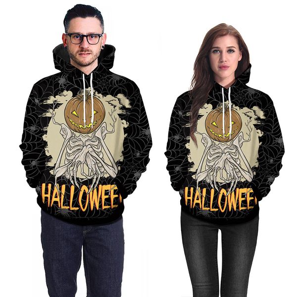 

halloween skull pumpkin hooded long sleeve women's long sweater loose, comfortable and soft, Black