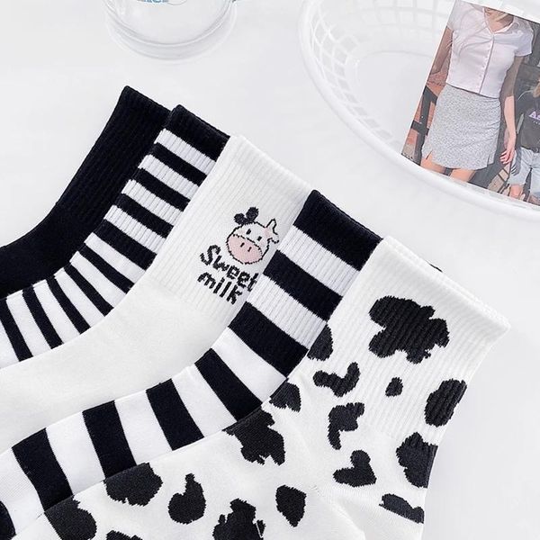 

5pairs striped socks funny cow print white cartoon calcetines cozy harajuku skarpetki cute animal chaussettes kawaii happy sock men's, Black