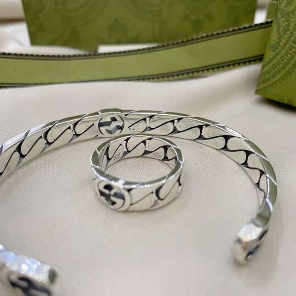 

s925 silver double open bracelet ring men's and women's lovers' gift, Black