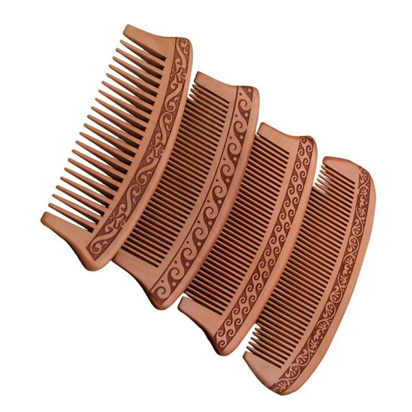 

hair brushes 4pcs thickened peach wood combs anti-static carving portable, Silver
