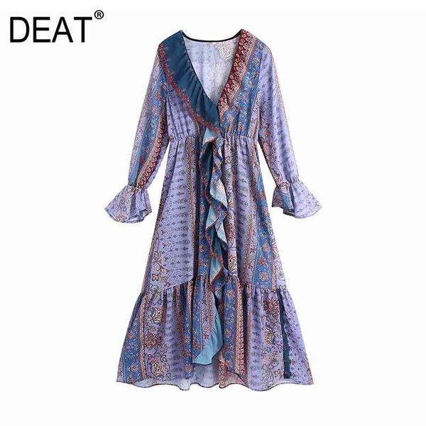 

[deat] spring autumn fashion v-neck high waist ruffles long sleeve printing loose elegant midi dress 13w797 210527, Black;gray