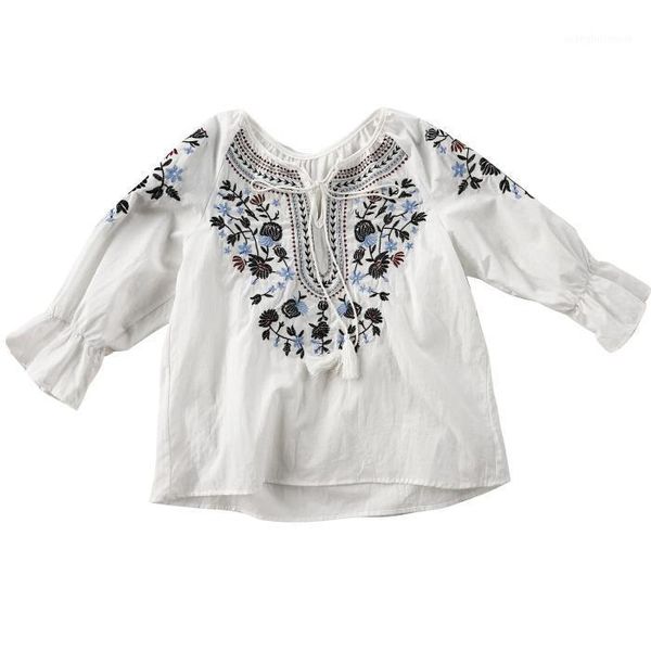 

women's blouses & shirts women fashion vintage cotton shirt casual floral embroidery lace-up o-neck blouse preppy ladies boho ruffles, White