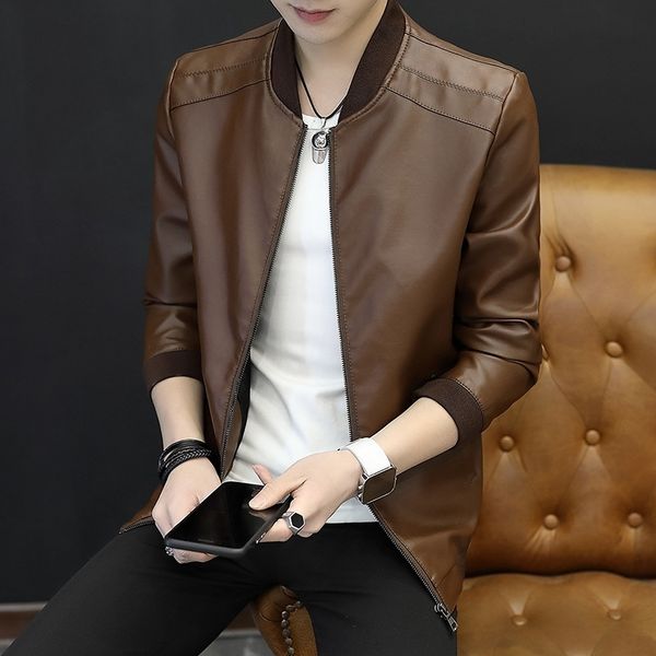 

trendy men's casual and versatile fashion pu leather jacket, Black;brown