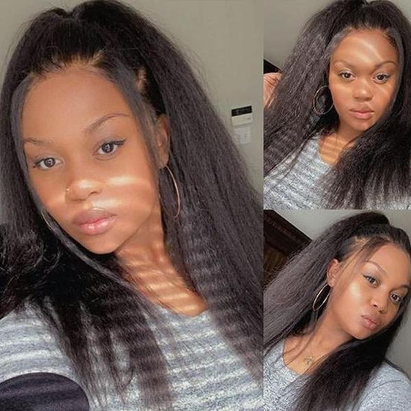 

kinky straight 360 lace frontal wigs 28 30 inches front human hair 180 density brazilian pre plucked hairline, Black;brown