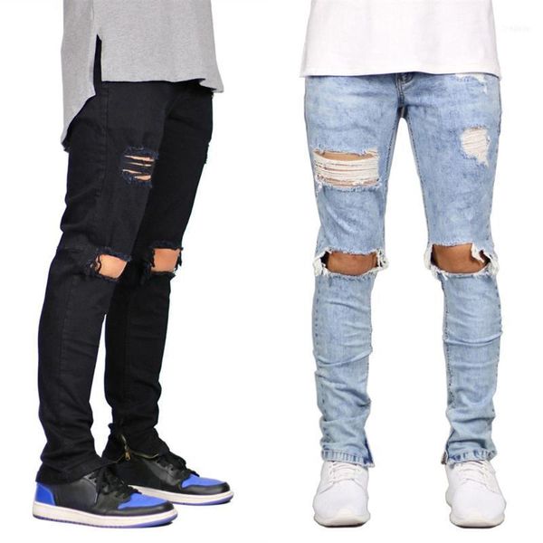 

mens denim stretch ripped jeans street destoryed frayed big holes calcas jean pencil pants hombre skinny slim fit trousers 20211, Blue
